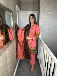 3PC Stitched PINK shalwar Suit Ready to wear KHADDAR winter Wear with KHADDAR dupatta KNE-0306