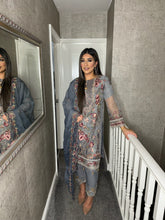 Load image into Gallery viewer, 3pc GREY Embroidered suit with Chiffon dupatta Stitched Suit Ready to wear HW-24005
