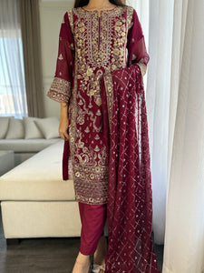 3pc MAROON Embroidered Shalwar Kameez wit CHIFFON  dupatta Stitched Suit Ready to wear HW-U2292