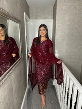 Load image into Gallery viewer, 3pc MAROON Embroidered suit with Chiffon dupatta Stitched Suit Ready to wear HW-24003
