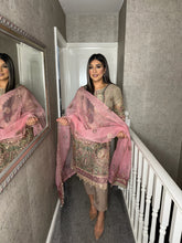 Load image into Gallery viewer, 3pc LIGHT BROWN Embroidered suit with PINK NET dupatta Stitched Suit Ready to wear HW-24004
