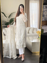 Load image into Gallery viewer, 3pc WHITE Embroidered Shalwar Kameez with CHIFFON dupatta Stitched Suit Ready to wear HW-U2485
