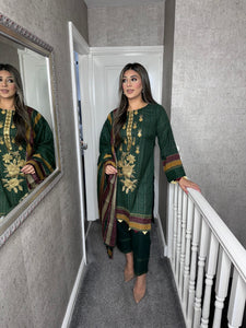 3PC Stitched DARK GREEN shalwar Suit Ready to wear DHANAK winter Wear with Dhanak dupatta FD-994