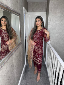 3pc Maroon Embroidered Shalwar Kameez wit Net dupatta Stitched Suit Ready to wear RM-24001