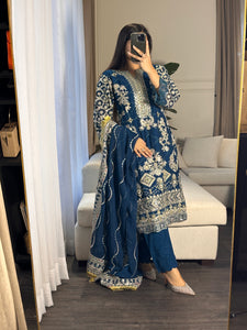 3pc BLUE Embroidered Shalwar Kameez wit Chiffon dupatta Stitched Suit Ready to wear HW-U2253