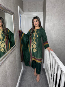 3PC Stitched DARK GREEN shalwar Suit Ready to wear DHANAK winter Wear with Dhanak dupatta FD-994