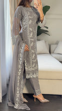 Load image into Gallery viewer, 3pc GREY Embroidered Shalwar Kameez with CHIFFON dupatta Stitched Suit Ready to wear HW-U2423
