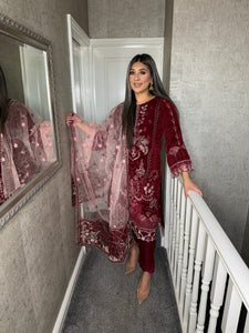 3pc  MAROON VELVET Embroidered Shalwar Kameez with NET/Velvet dupatta Stitched Suit Ready to wear HW-DT116