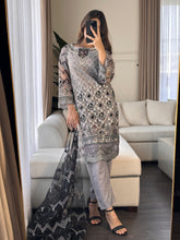 Load image into Gallery viewer, 3pc GREY Embroidered Shalwar Kameez wit Net dupatta Stitched Suit Ready to wear HW-DT82
