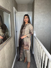 Load image into Gallery viewer, 3PC Stitched Beige Grey shalwar Suit Ready to wear DHANAK winter Wear with Dhanak dupatta DNE-0302
