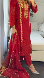 3pc RED Embroidered Shalwar Kameez with CHIFFON dupatta Stitched Suit Ready to wear HW-ANRED