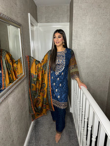 3PC BLUE Stitched shalwar Suit Ready to wear DHANAK winter Wear with Dhanak dupatta MBD-007