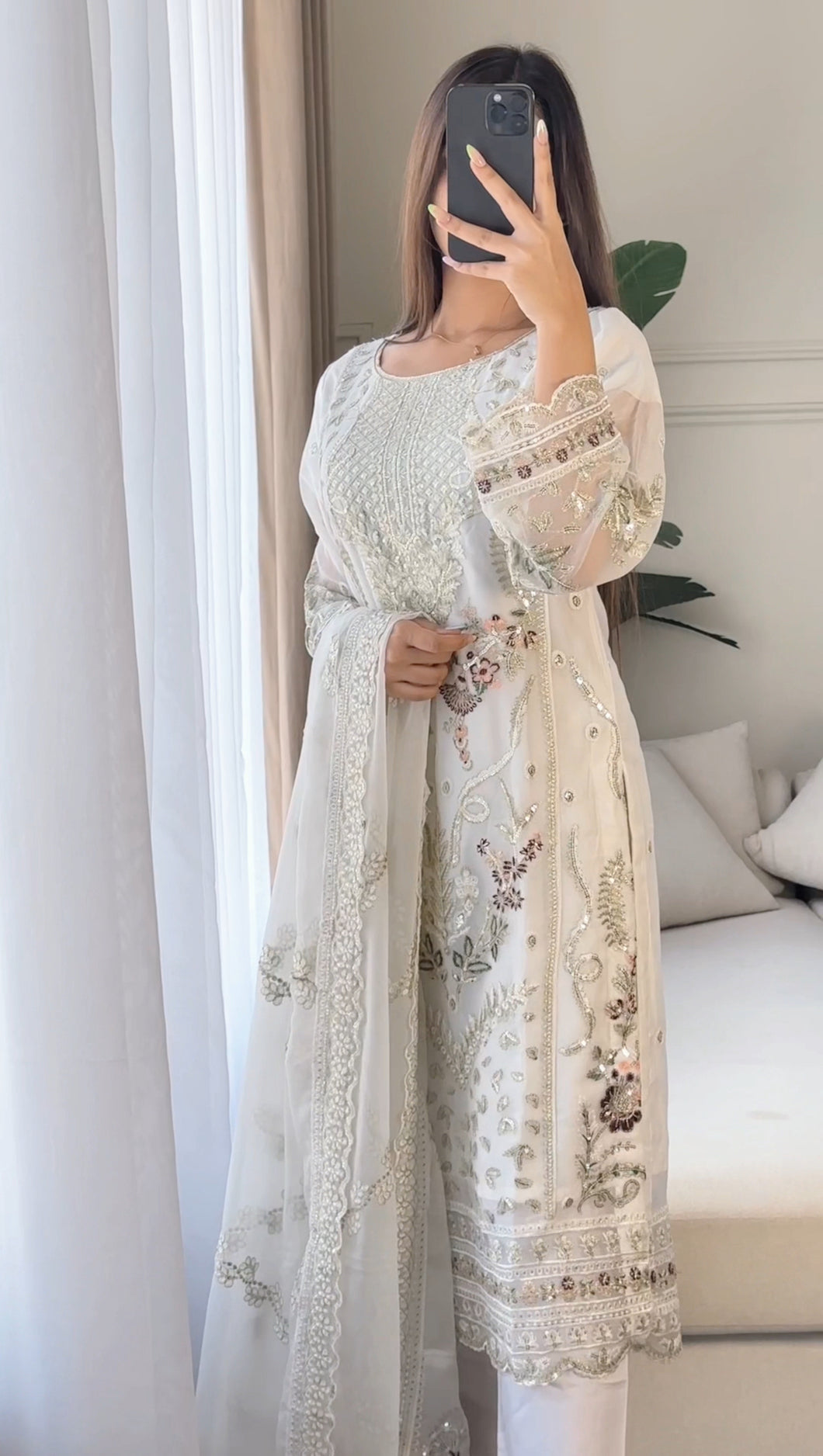 3pc WHITE Embroidered Shalwar Kameez wit Chiffon dupatta Stitched Suit Ready to wear HW-U2262