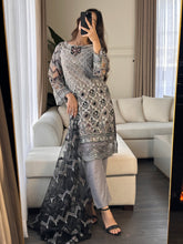 Load image into Gallery viewer, 3pc GREY Embroidered Shalwar Kameez wit Net dupatta Stitched Suit Ready to wear HW-DT82
