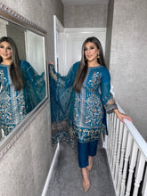Load image into Gallery viewer, 3pc BLUE Embroidered Shalwar Kameez wit Net dupatta Stitched Suit Ready to wear RM-24002
