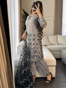 3pc GREY Embroidered Shalwar Kameez wit Net dupatta Stitched Suit Ready to wear HW-DT82