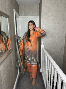 3PC Stitched Peach Orange shalwar Suit Ready to wear KHADDAR winter Wear with KHADDAR dupatta KNE-0316