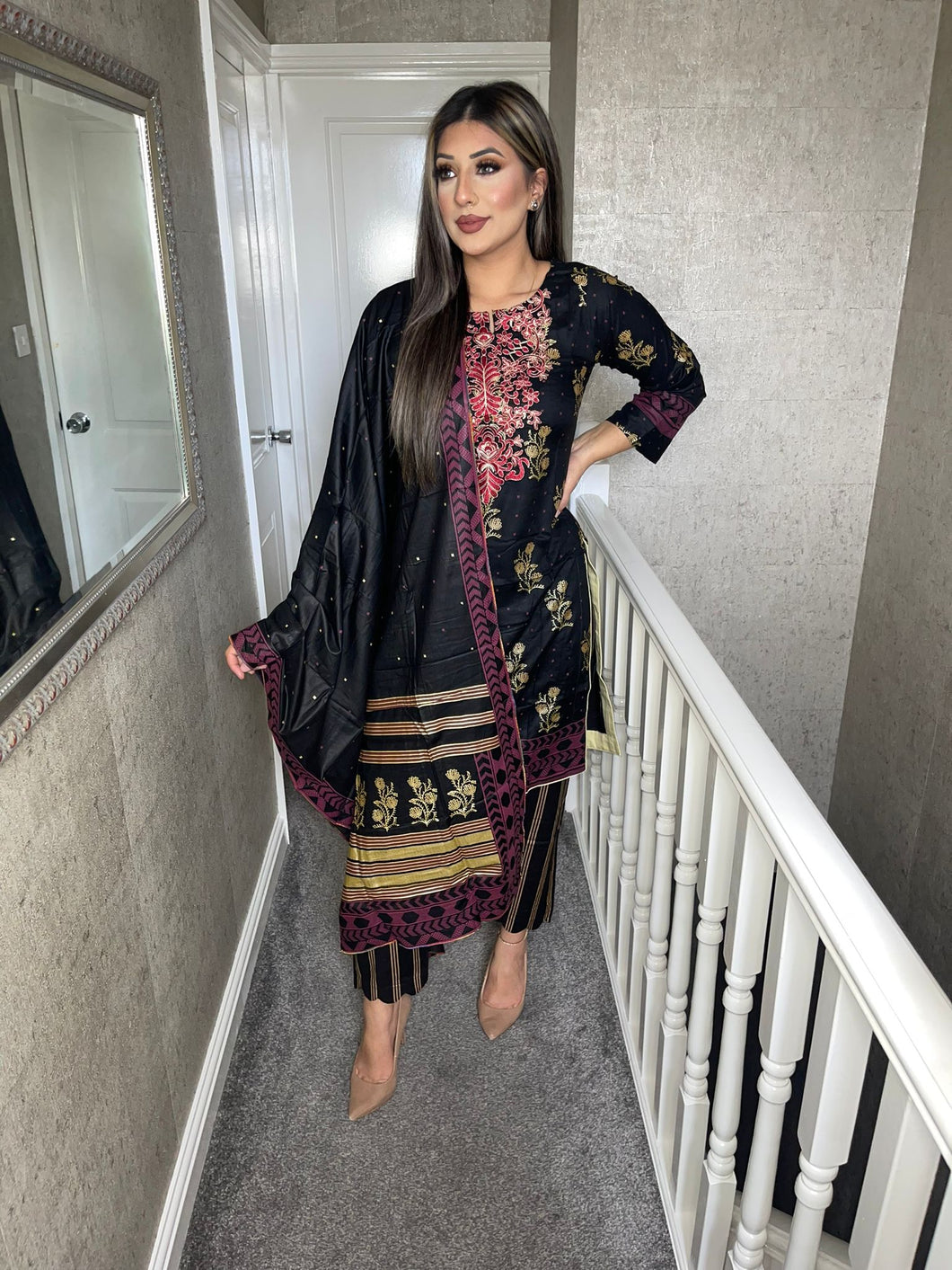 3 pcs Stitched BLACK LILEN shalwar Suit Ready to wear WINTER Wear with LILEN dupatta LILEN-R1