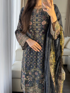 3PC DARK GREY Embroidered Shalwar Kameez with CHIFFON dupatta Stitched Suit Ready to wear HW-U2383