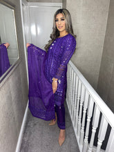 Load image into Gallery viewer, 3pc Embroidered PURPLE with Printed chiffon Dupatta Shalwar Kameez Stitched Suit Ready to wear AN-PURPLE
