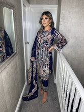 Load image into Gallery viewer, 3pc NAVY Embroidered Shalwar Kameez with NET dupatta Stitched Suit Ready to wear HW-DT100
