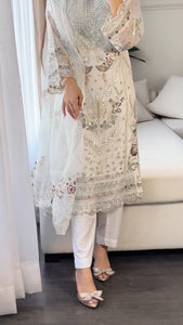 3pc WHITE Embroidered Shalwar Kameez wit Chiffon dupatta Stitched Suit Ready to wear HW-U2262