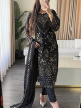 Load image into Gallery viewer, 3pc BLACK Embroidered Shalwar Kameez wit Chiffon dupatta Stitched Suit Ready to wear HW-U2526

