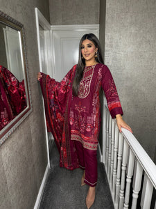 3PC Stitched MAROON shalwar Suit Ready to wear DHANAK winter Wear with Dhanak dupatta DNE-0311