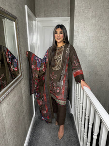 3PC Stitched OLIVE BROWN shalwar Suit Ready to wear DHANAK winter Wear with Dhanak dupatta DNE-0307