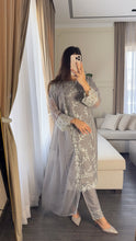 Load image into Gallery viewer, 3pc GREY Embroidered Shalwar Kameez with CHIFFON dupatta Stitched Suit Ready to wear HW-U2423
