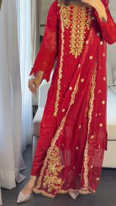 3pc RED Embroidered Shalwar Kameez with CHIFFON dupatta Stitched Suit Ready to wear HW-ANRED