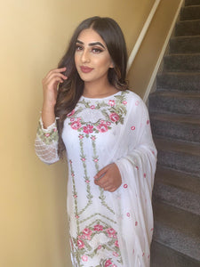 3pc WHITE Embroidered Shalwar Kameez with CHIFFON Embroidered Dupatta Stitched Suit Ready to wear FP-55002