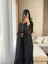 Load image into Gallery viewer, 3pc BLACK Embroidered Shalwar Kameez with NET dupatta Stitched Suit Ready to wear HW-JFBLACK
