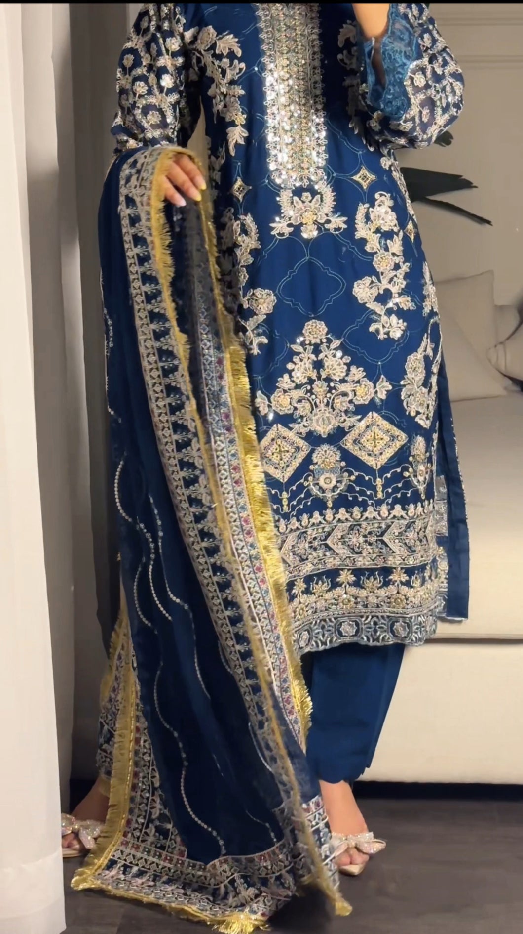 3pc BLUE Embroidered Shalwar Kameez wit Chiffon dupatta Stitched Suit Ready to wear HW-U2253