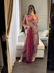 3pc Pastel Purple Embroidered Shalwar Kameez with Chiffon dupatta Stitched Suit Ready to wear HW-DT93
