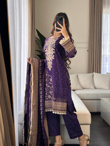 3 pcs Stitched Purple lawn suit Ready to Wear with chiffon dupatta LNE-24015