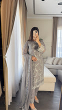 Load image into Gallery viewer, 3pc GREY Embroidered Shalwar Kameez with CHIFFON dupatta Stitched Suit Ready to wear HW-U2423
