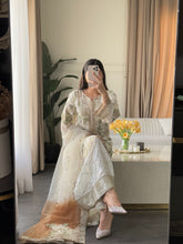 Load image into Gallery viewer, 3pc WHITE Embroidered Shalwar Kameez with Plazoo and Net dupatta Stitched Suit Ready to wear HW-U2420B
