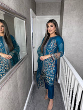 Load image into Gallery viewer, 3pc BLUE Embroidered Shalwar Kameez wit Net dupatta Stitched Suit Ready to wear RM-24002
