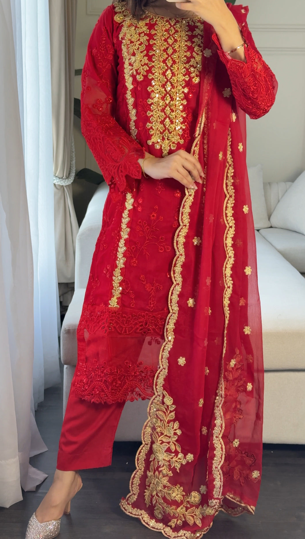 3pc RED Embroidered Shalwar Kameez with CHIFFON dupatta Stitched Suit Ready to wear HW-ANRED
