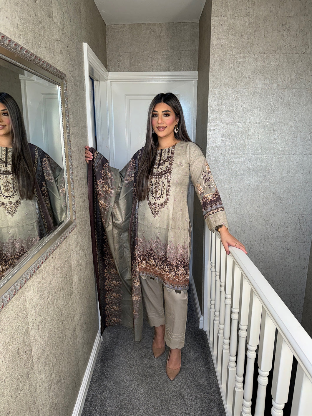 3PC Stitched Beige Grey shalwar Suit Ready to wear DHANAK winter Wear with Dhanak dupatta DNE-0302