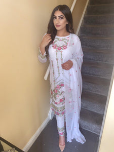 3pc WHITE Embroidered Shalwar Kameez with CHIFFON Embroidered Dupatta Stitched Suit Ready to wear FP-55002