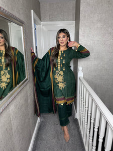 3PC Stitched DARK GREEN shalwar Suit Ready to wear DHANAK winter Wear with Dhanak dupatta FD-994