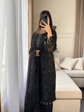 Load image into Gallery viewer, 3pc BLACK Embroidered Shalwar Kameez with NET dupatta Stitched Suit Ready to wear HW-JFBLACK
