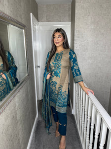 3 pcs Stitched TEAL shalwar Suit Ready to wear Lilen winter Wear with LILEN dupatta LL-47C