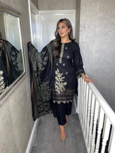 3PC Stitched BLACK shalwar Suit Ready to wear DHANAK winter Wear with Dhanak dupatta JF-DH08