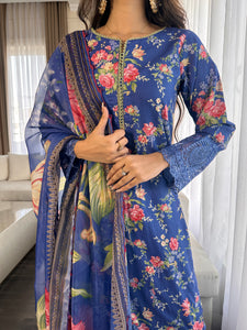 3 pcs Stitched Blue lawn suit Ready to Wear with chiffon dupatta LNE-24018
