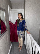 Load image into Gallery viewer, 3pc NAVY Embroidered with Beige Trouser Stitched Suit Ready to wear JF-NAVYBEIGE
