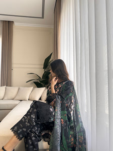 3 pcs Stitched Black lawn suit Ready to Wear with chiffon dupatta LNE-24016