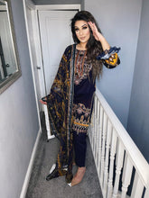 Load image into Gallery viewer, 3 pcs Stitched NAVY PURPLE lawn suit Ready to Wear with chiffon dupatta JF-NAVYPURPLE01
